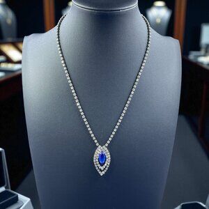 Vintage Blue Rhinestone Pendant Necklace Glam Elegant Coquette Old Money Formal